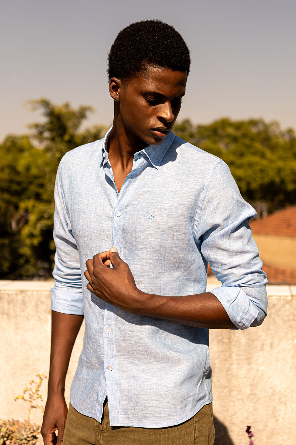 Camisa Slim Linho Mescla ML Azul Claro