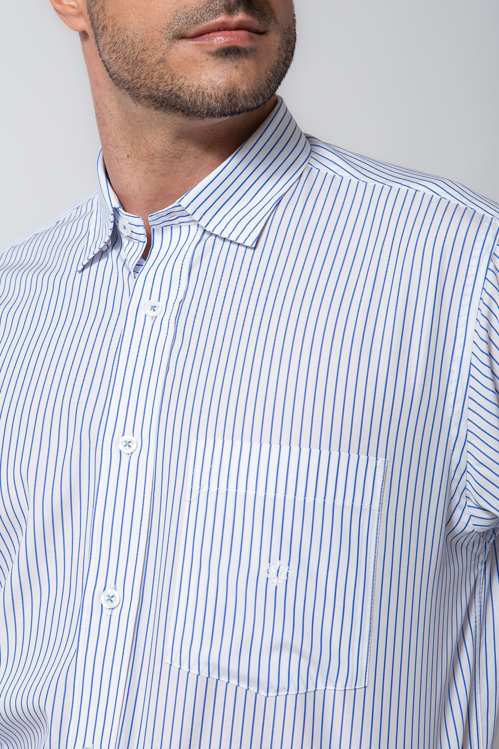 Camisa Listrada Algodão Fio 60 ML Azul Médio