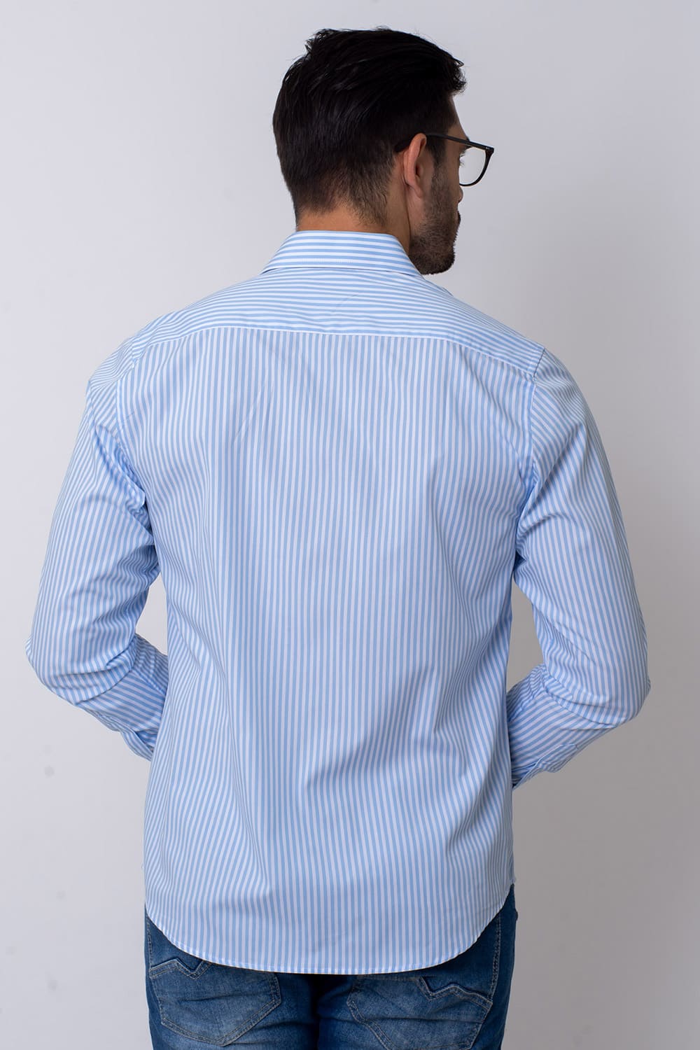 Camisa Slim Listrada Algodão Fio 80 ML Azul Claro