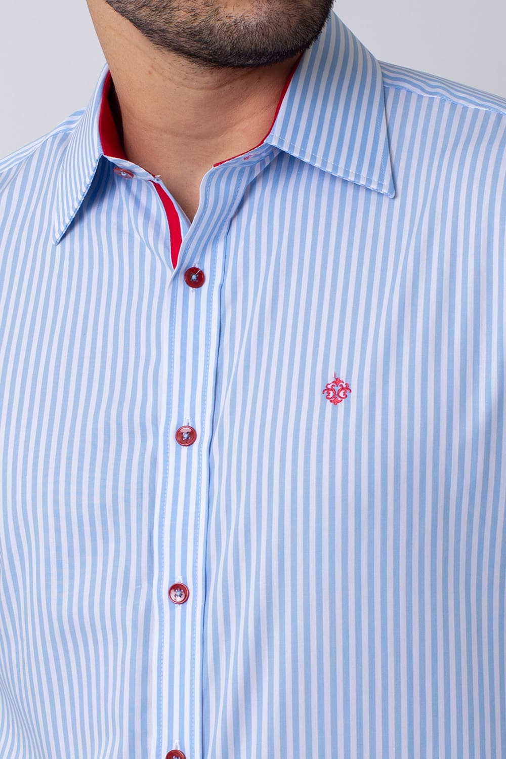 Camisa Slim Listrada Algodão Fio 80 ML Azul Claro