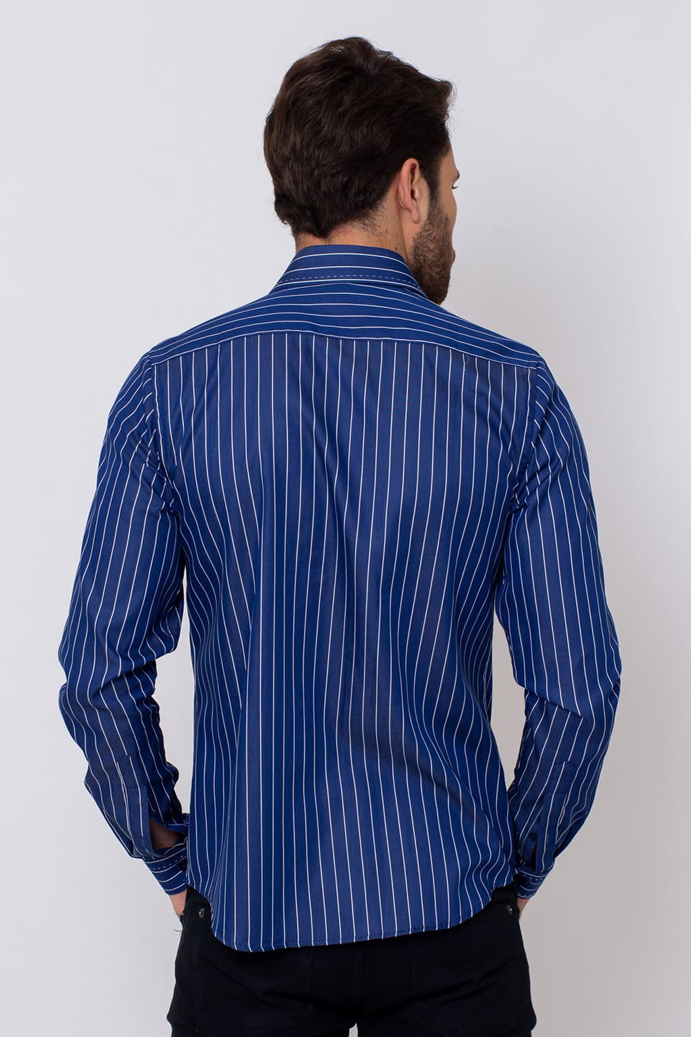 Camisa Slim Listrada Algodão Fio 80 ML Azul Escuro