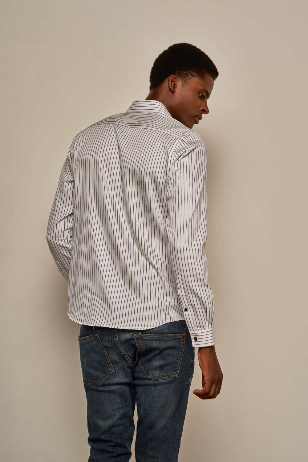 Camisa Slim Listrada Algodão Fio 80 ML Azul Claro