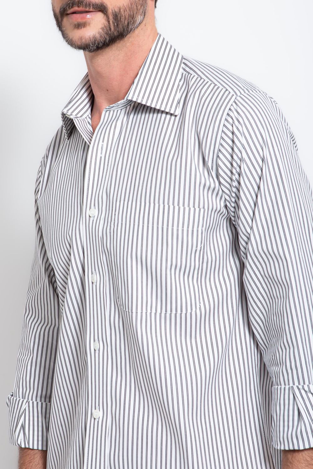 Camisa Social Listrada Slim Comfort Algodão Fio 80 Preto