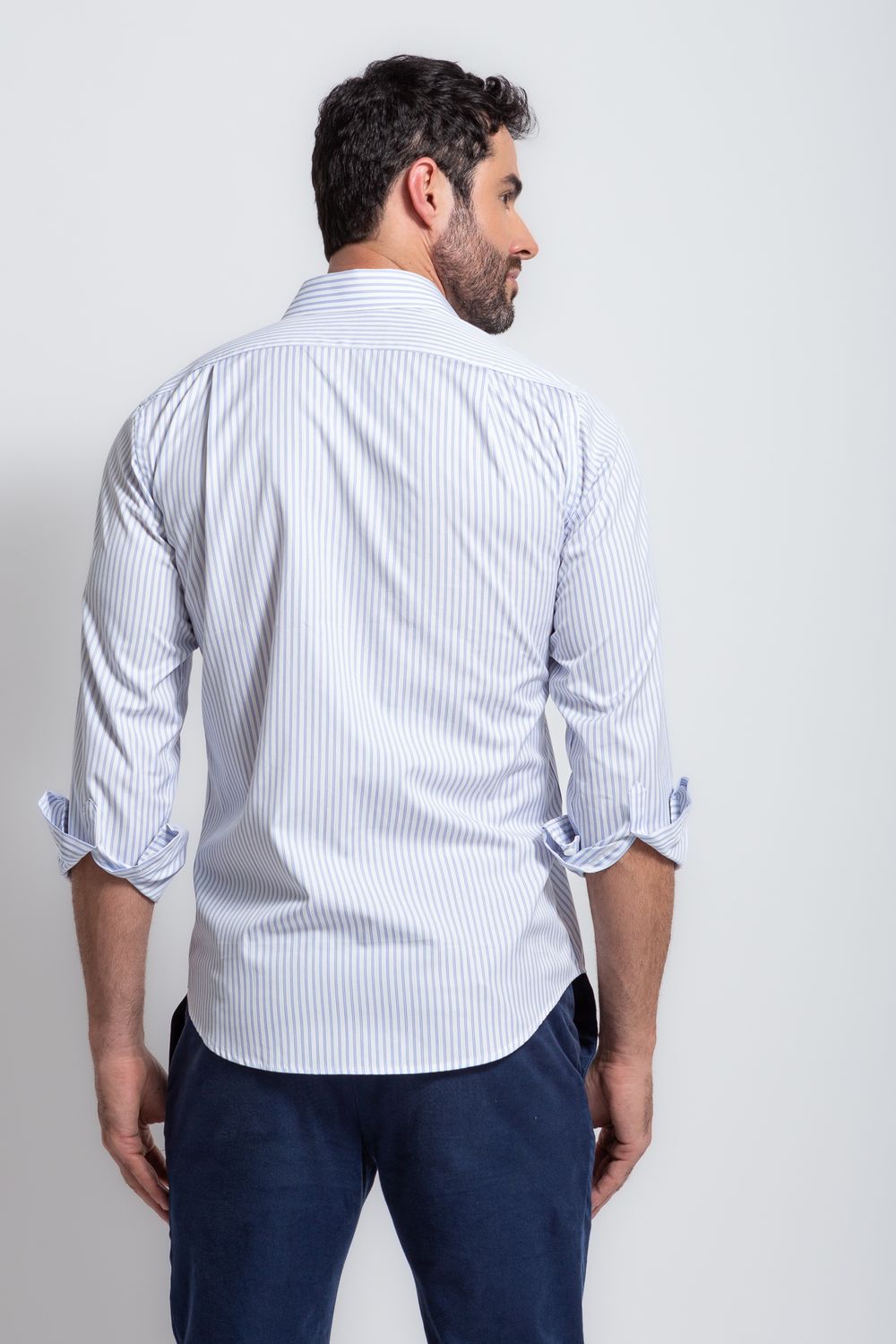 Camisa Social Listrada Slim Comfort Algodão Fio 80 Azul Claro