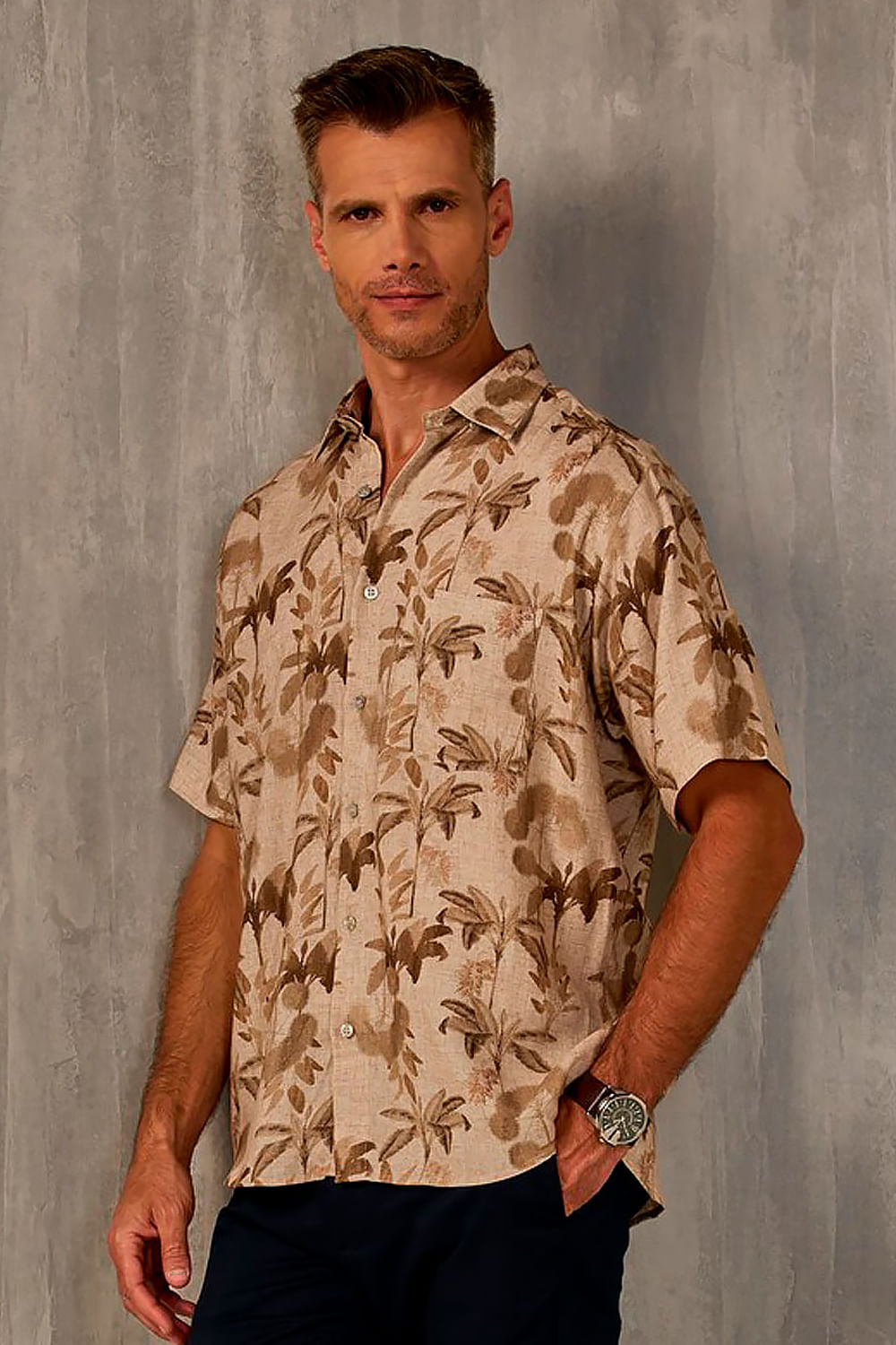 Camisa Estampada Linho c/ Modal MC Bege