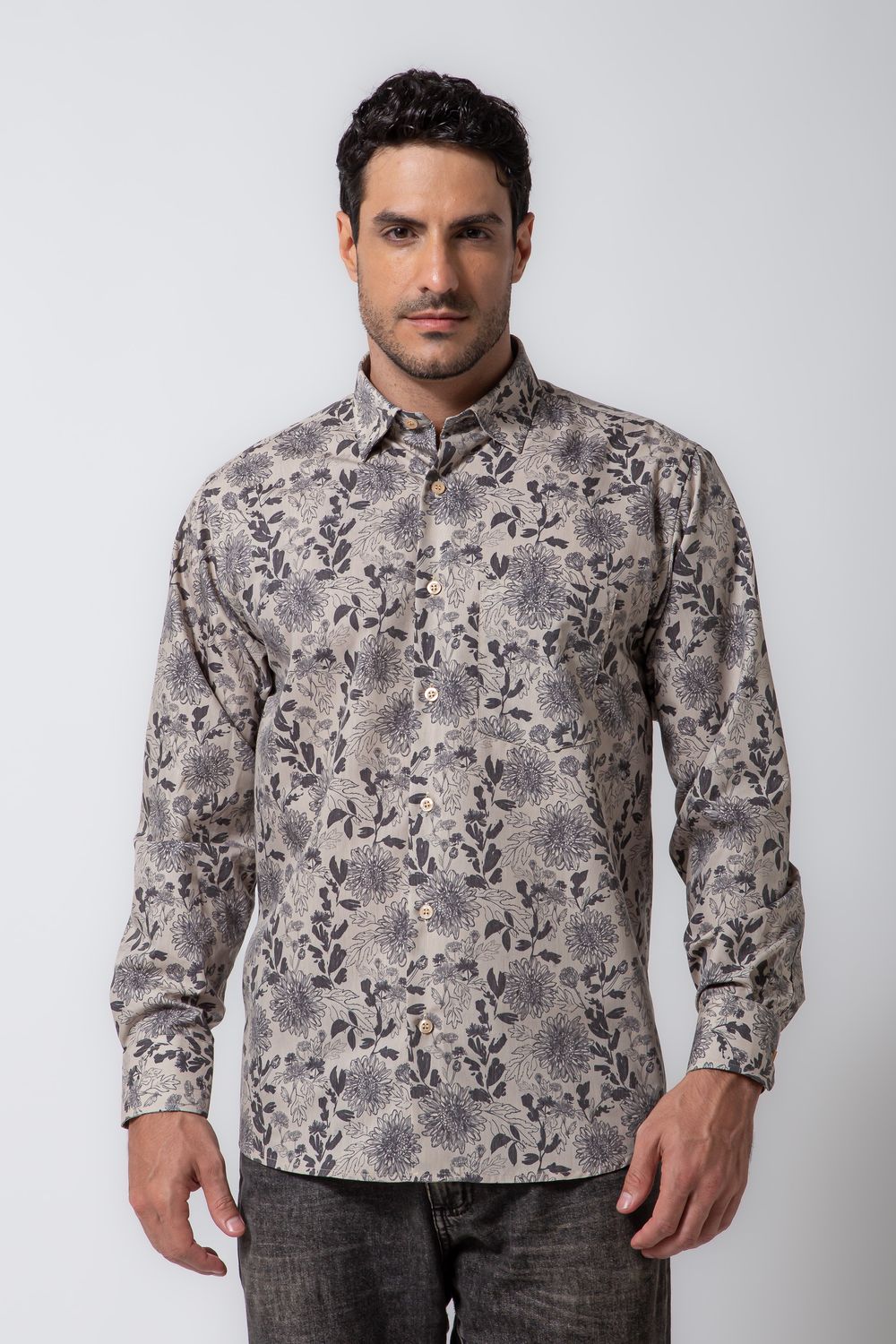 Camisa Estampada Microfibra com Elastano ML Bege