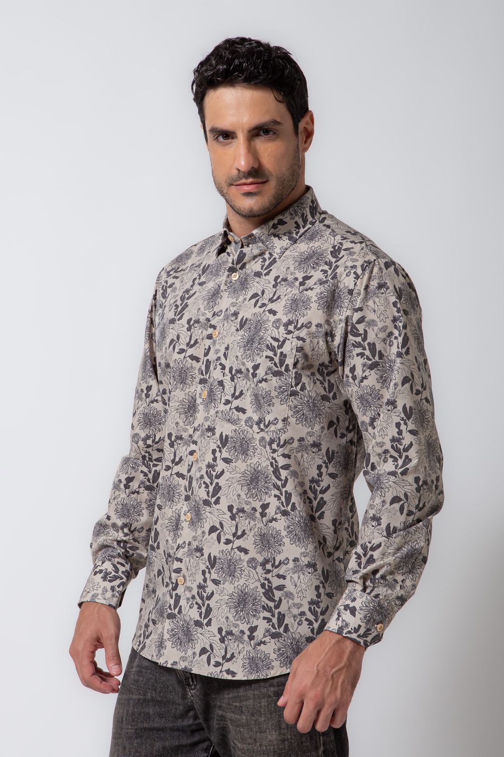 Camisa Estampada Microfibra com Elastano ML Bege