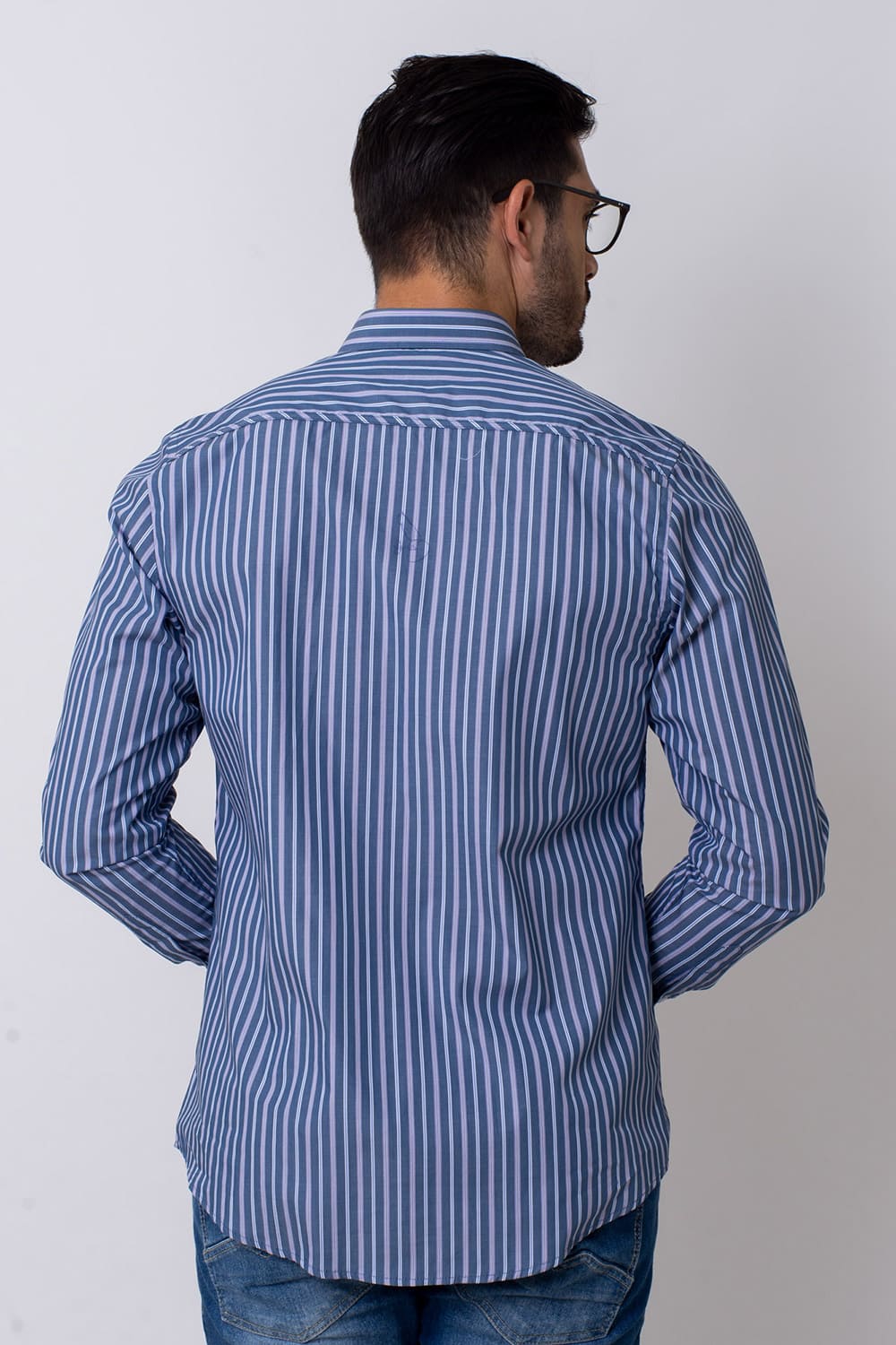 Camisa Slim Listrada Algodão Fio 80 ML Azul Escuro