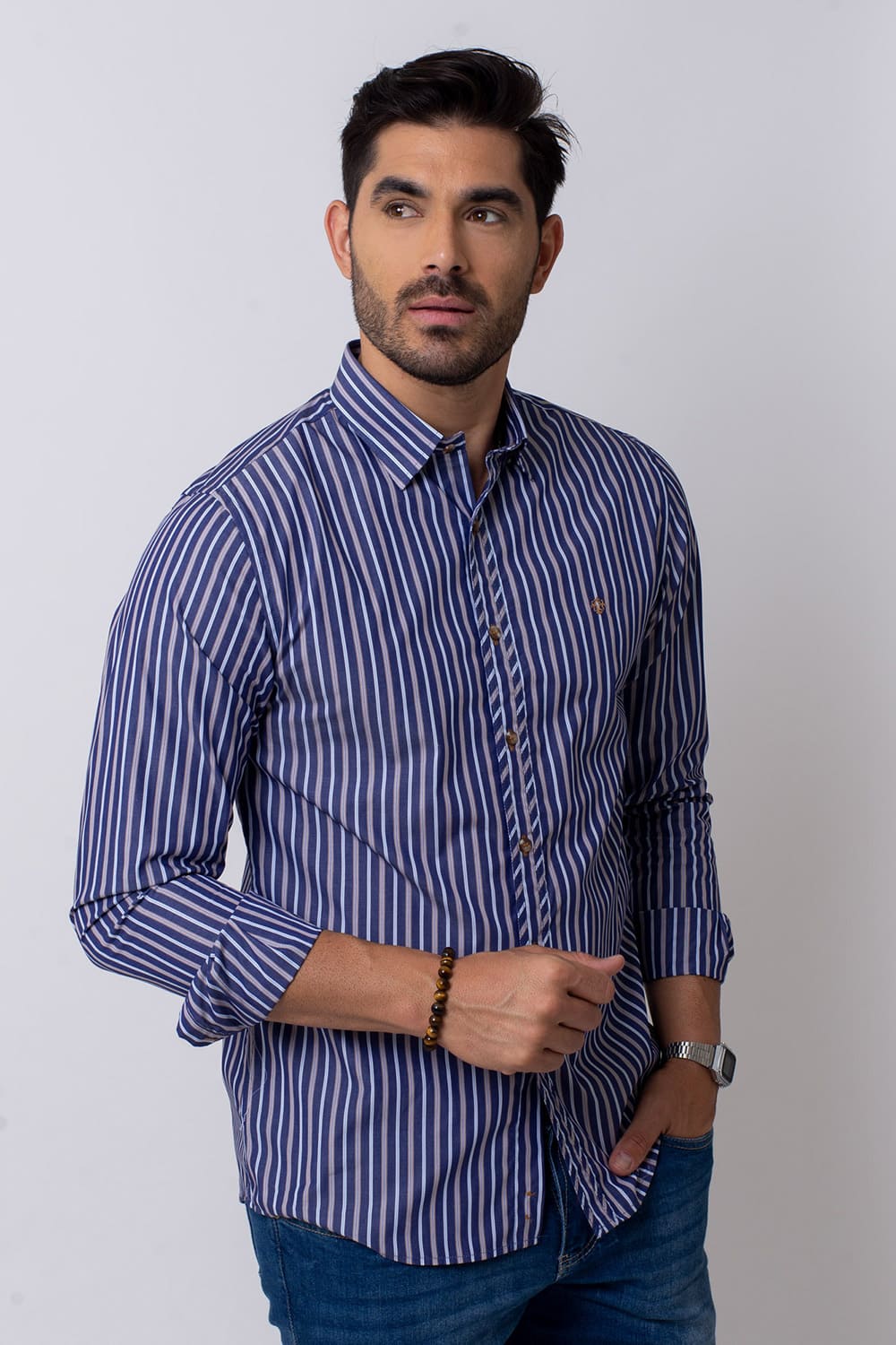 Camisa Slim Listrada Algodão Fio 80 ML Azul Escuro