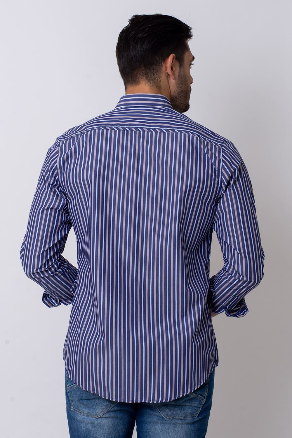Camisa Slim Listrada Algodão Fio 80 ML Azul Escuro
