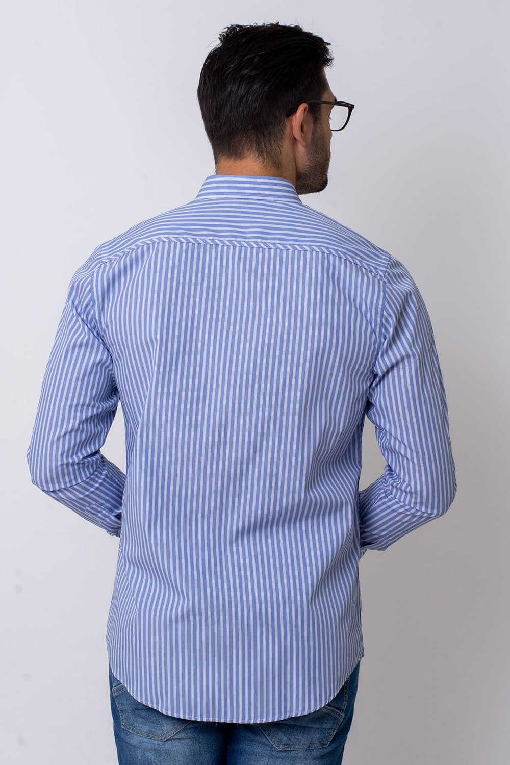 Camisa Slim Listrada Algodão Fio 80 ML Azul Médio