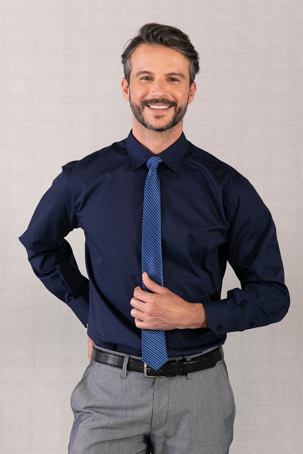 Camisa Social Slim Algodão Fio 50 Azul Escuro