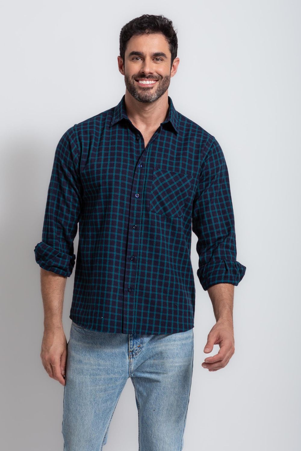 Camisa Xadrez em Flanela ML Azul Escuro