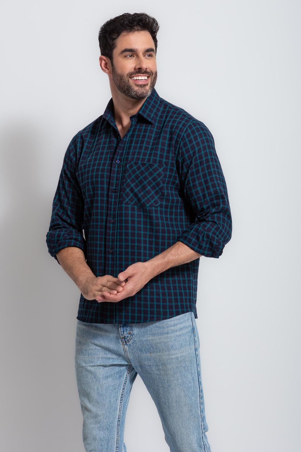 Camisa Xadrez em Flanela ML Azul Escuro