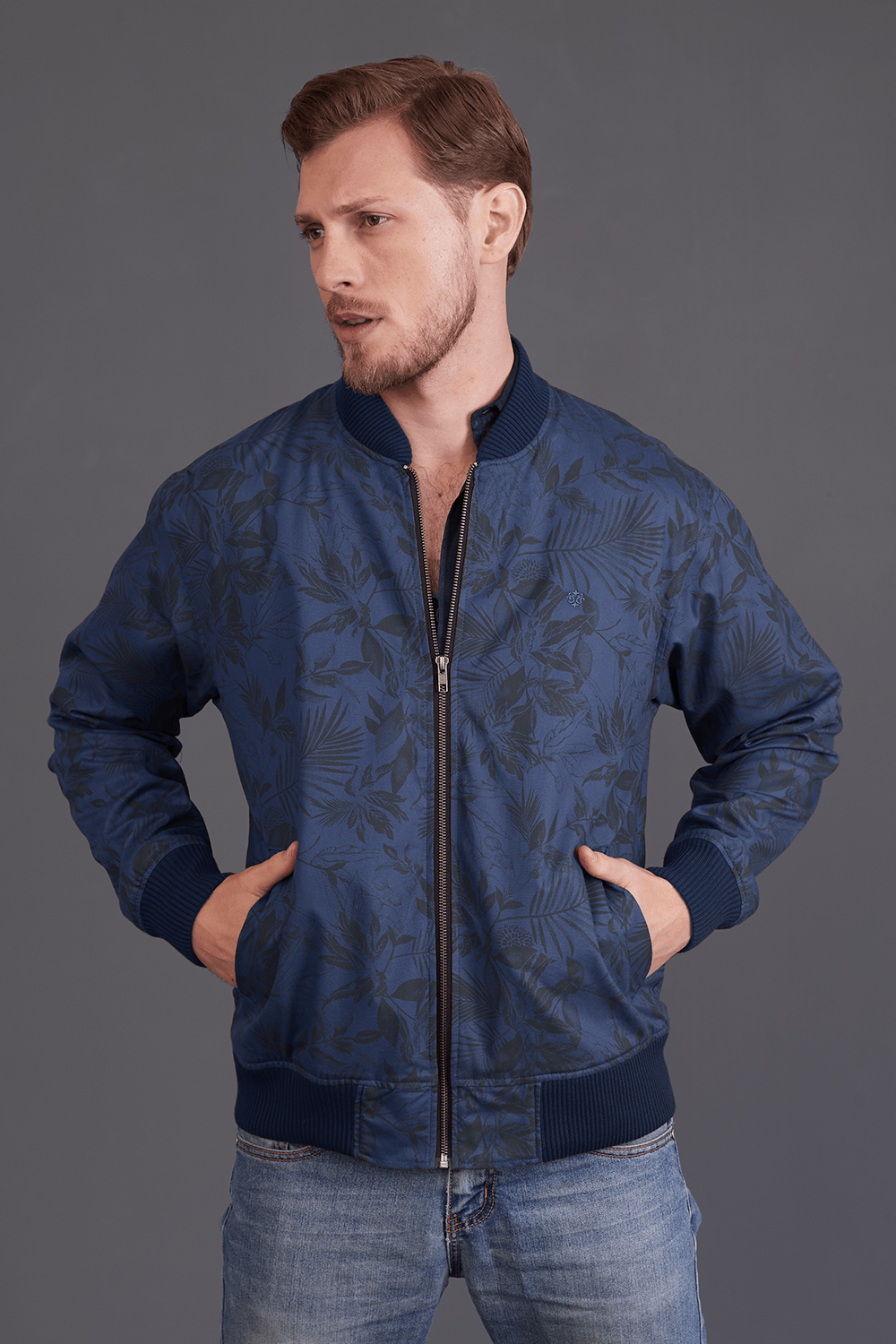 Jaqueta Bomber Estampada Azul