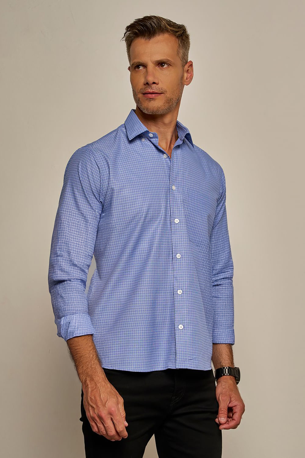 Camisa Social Xadrez Passa Fácil ML Azul Claro