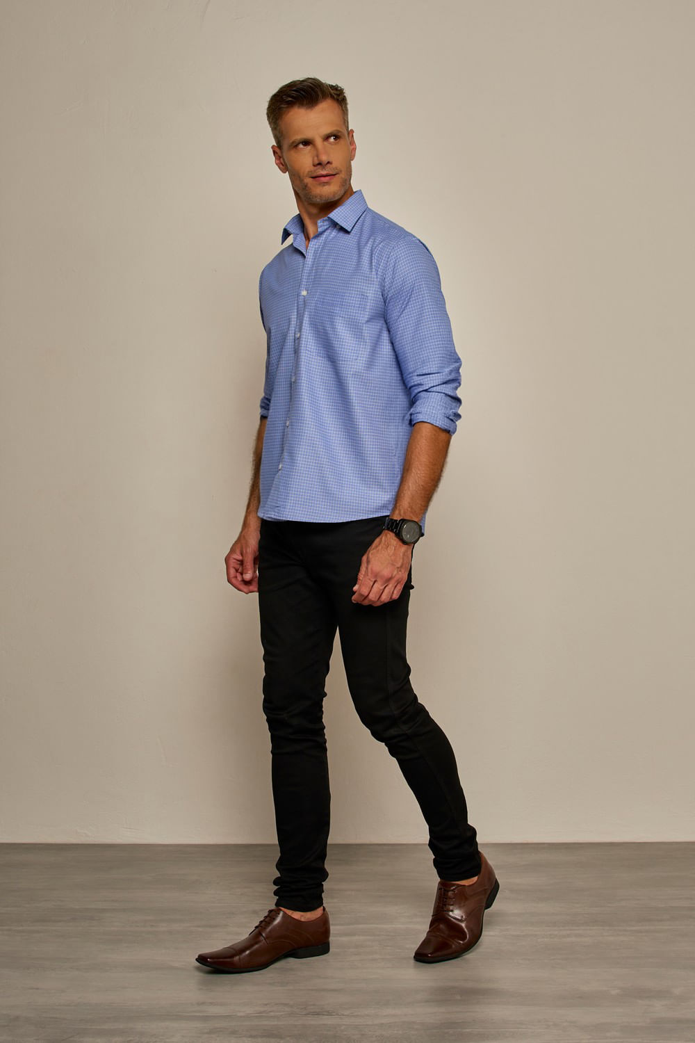 Camisa Social Xadrez Passa Fácil ML Azul Claro