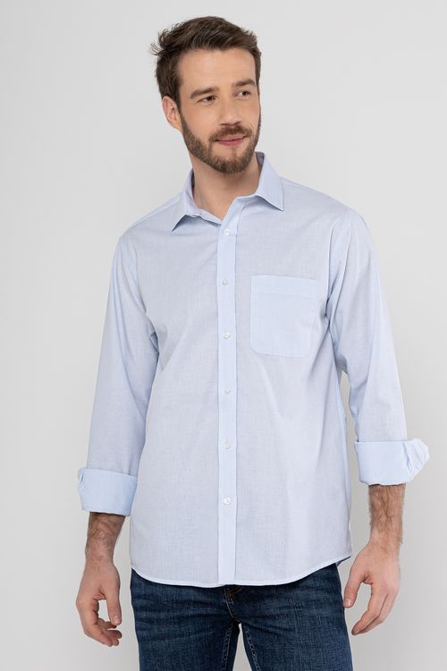 Camisa Social Listrada Algodão Fio 50 Azul Claro