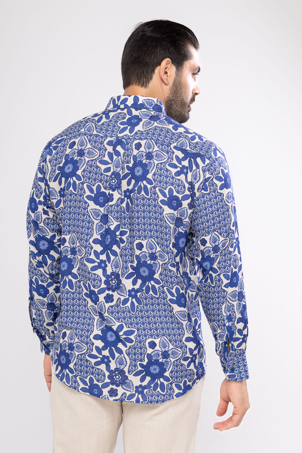 Camisa Estampada Linho C/ Modal ML Azul Escuro
