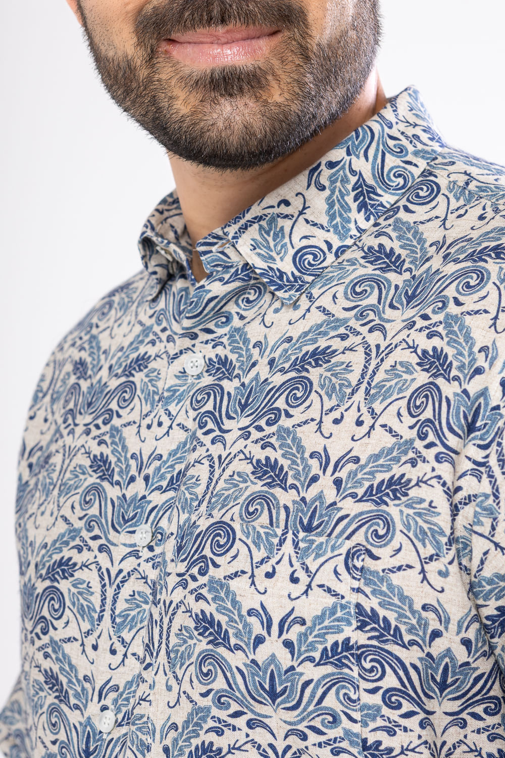Camisa Estampada Linho C/ Modal ML Azul